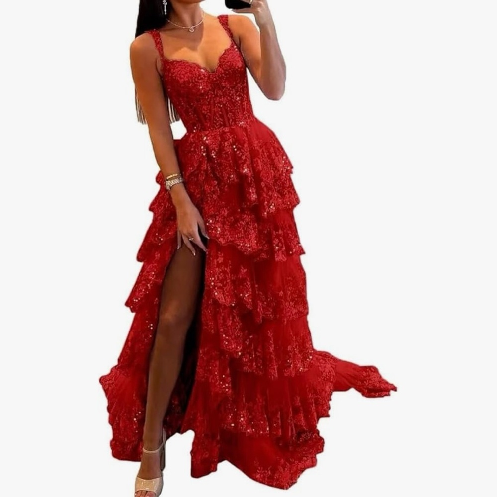 Elegant Red Lace Evening Gown